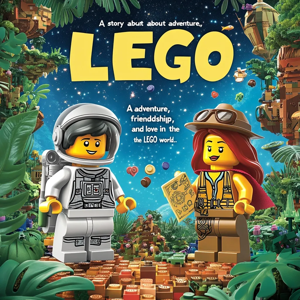 This vibrant image depicts two LEGO minifigures, an astronaut and an explorer, embarking on an adventure.  The backdrop features a whimsical LEGO landscape with floating islands and lush vegetation.  The text highlights themes of adventure, friendship, and love within the LEGO world, promising a captivating story.  Colorful LEGO bricks form the ground, completing the playful and imaginative scene.