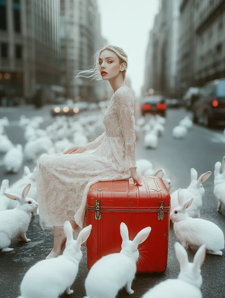 A blonde woman in a delicate lace dress sits on a bright red vintage suitcase surrounded by numerous white rabbits.  The scene is set on a city street, with blurred cityscapes in the background, creating a surreal and dreamlike atmosphere. The contrast between the woman's elegant attire, the vibrant suitcase, and the soft white rabbits is striking.