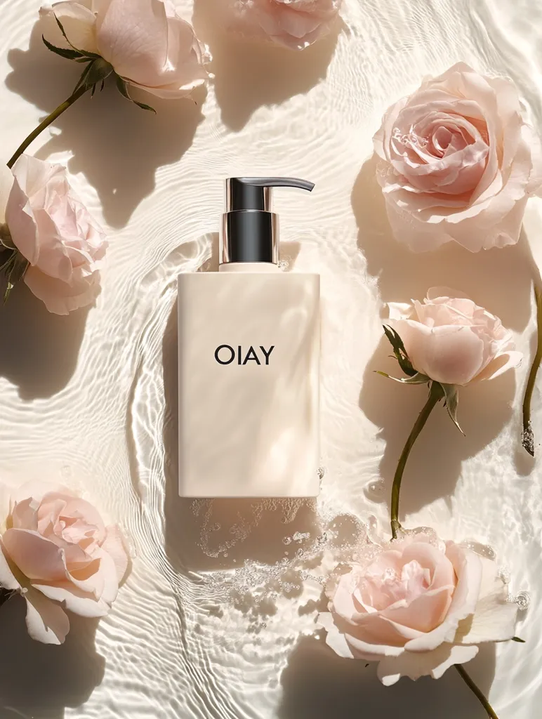 A bottle of Olay body wash sits in rippling water, surrounded by delicate pink roses. The minimalist bottle design complements the soft, natural aesthetic. Sunlight filters through the water, creating gentle shadows and highlighting the product and flowers.  The scene evokes feelings of serenity and luxurious self-care.
