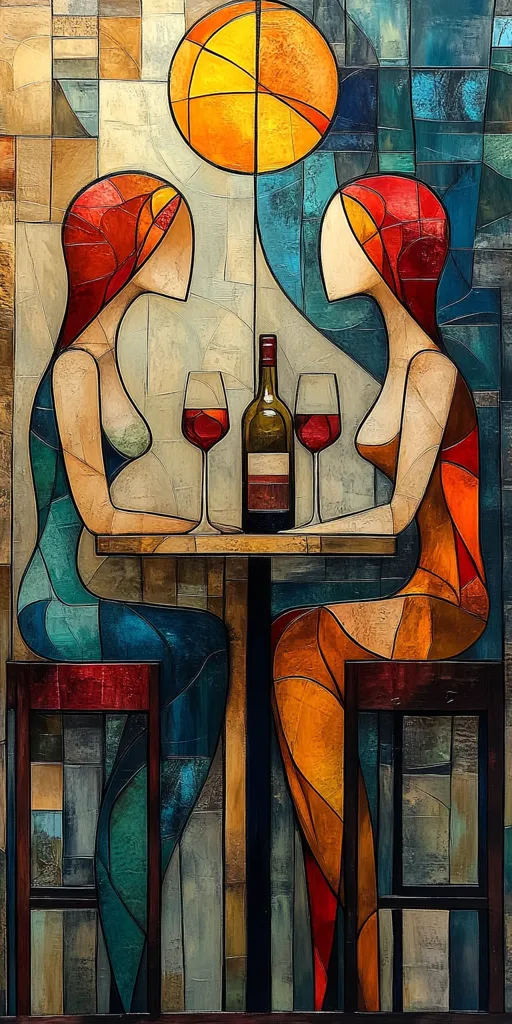 A stylized cubist painting depicts two women seated at a small table, sharing a bottle of wine and two glasses.  Their forms are geometric, composed of angular shapes and vibrant colors – teal, orange, red, and gold.  A large, round, sun-like element hangs above them. The overall style suggests a modern interpretation of a social scene, with a focus on bold color and form.