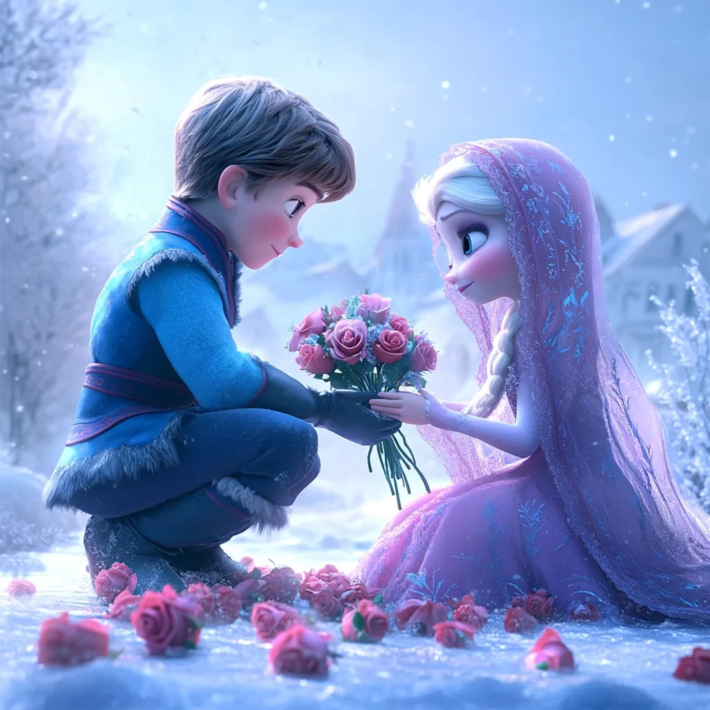 Anna and Kristoff from Disney's Frozen are depicted in a romantic scene.  Kristoff, kneeling, presents Anna with a bouquet of pink roses.  Anna, in a pale pink gown and veil, accepts the flowers.  They are surrounded by scattered rose petals on a snowy ground, a backdrop of a winter village visible in the distance. The scene is soft, romantic, and evocative of their loving relationship.