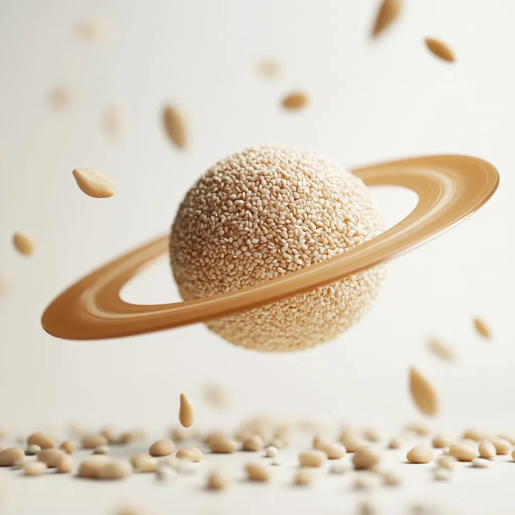 A spherical confection, entirely coated in sesame seeds, is depicted as a planet.  It's encircled by a pale orange ring, mimicking Saturn's rings.  Numerous sesame seeds float around the "planet," creating a whimsical, almost cosmic scene.  The overall aesthetic is clean, minimalist, and focuses on the texture and color of the sesame seeds.