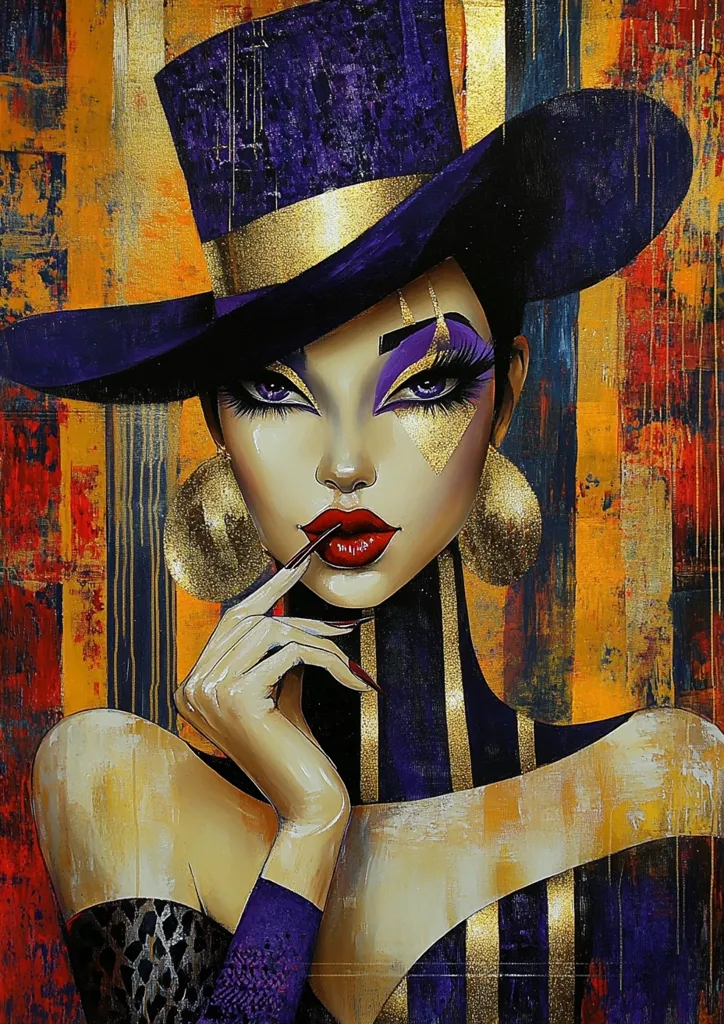 A stylized portrait of a woman in a purple top hat adorned with gold accents.  Her makeup is dramatic, with bold eyes and lips.  She wears large gold earrings and a high-necked garment with gold stripes.  The background is an abstract mix of warm oranges, reds, and golds, creating a rich, textured effect. The painting's style is expressive and bold, showcasing a confident and alluring female figure.