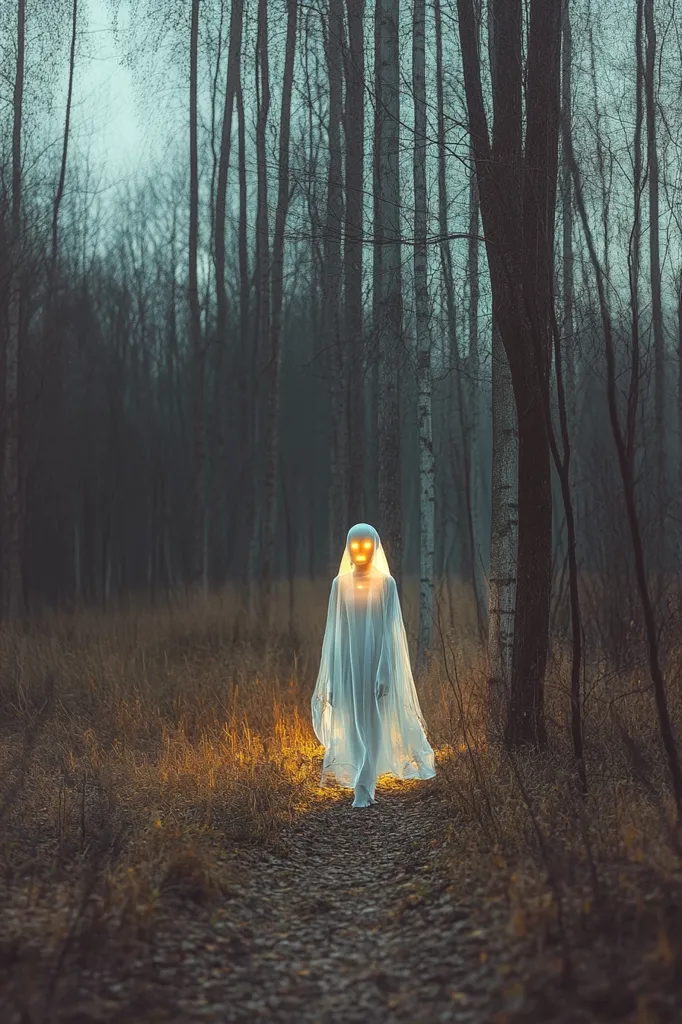 A ghostly figure, shrouded in a translucent white robe, walks down a path in a dimly lit forest.  The figure's face is obscured, but glowing eyes are visible.  The scene is eerie and atmospheric, with tall, slender trees lining the path.  The overall mood is mysterious and slightly frightening, evoking a sense of unease.