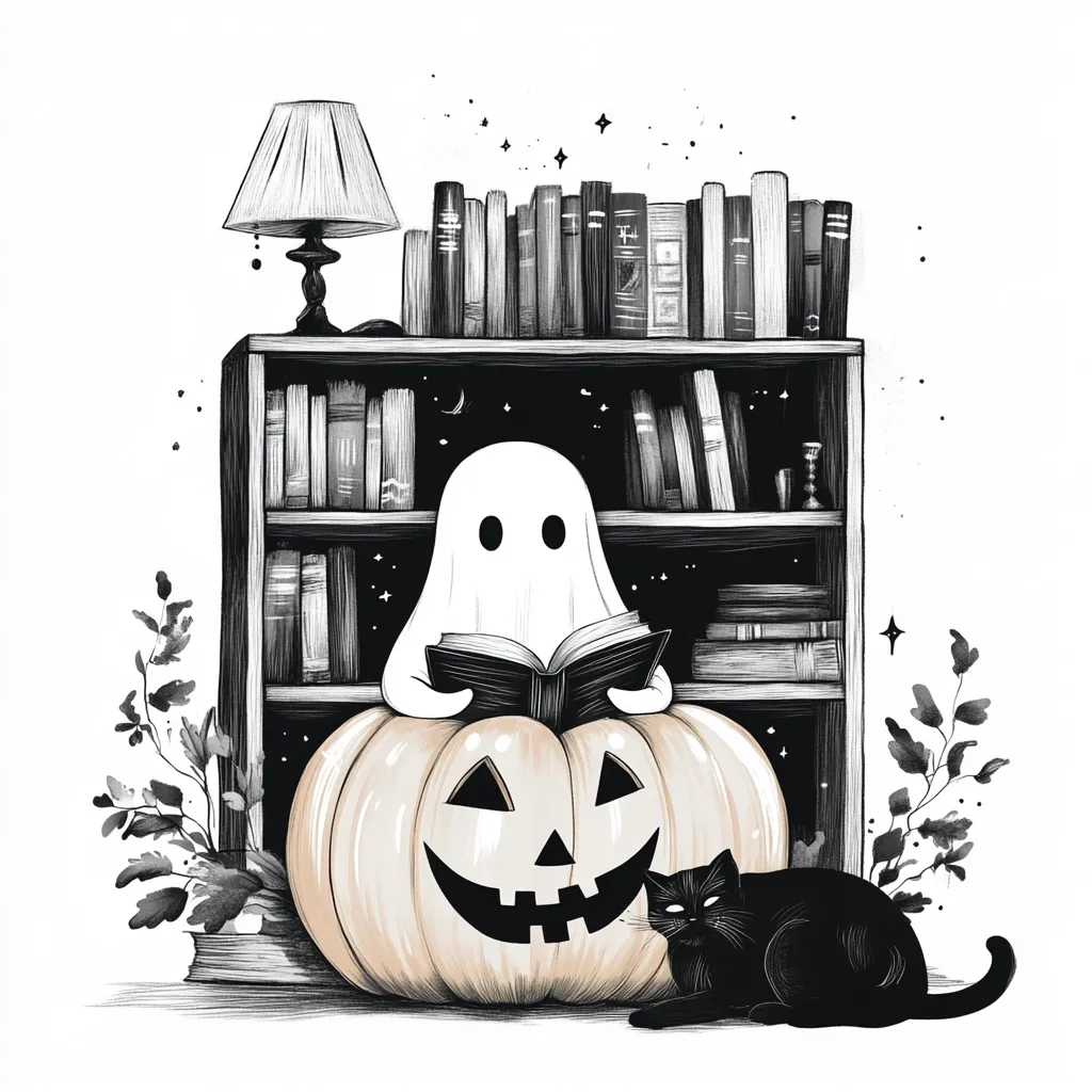 A whimsical illustration depicts a friendly ghost nestled in a jack-o'-lantern, engrossed in a book.  The scene is set against a dark bookcase filled with numerous volumes, illuminated by a lamp.  A black cat rests peacefully nearby, adding to the spooky yet charming Halloween atmosphere.  Delicate, stylized leaves frame the composition, enhancing its mystical ambiance.