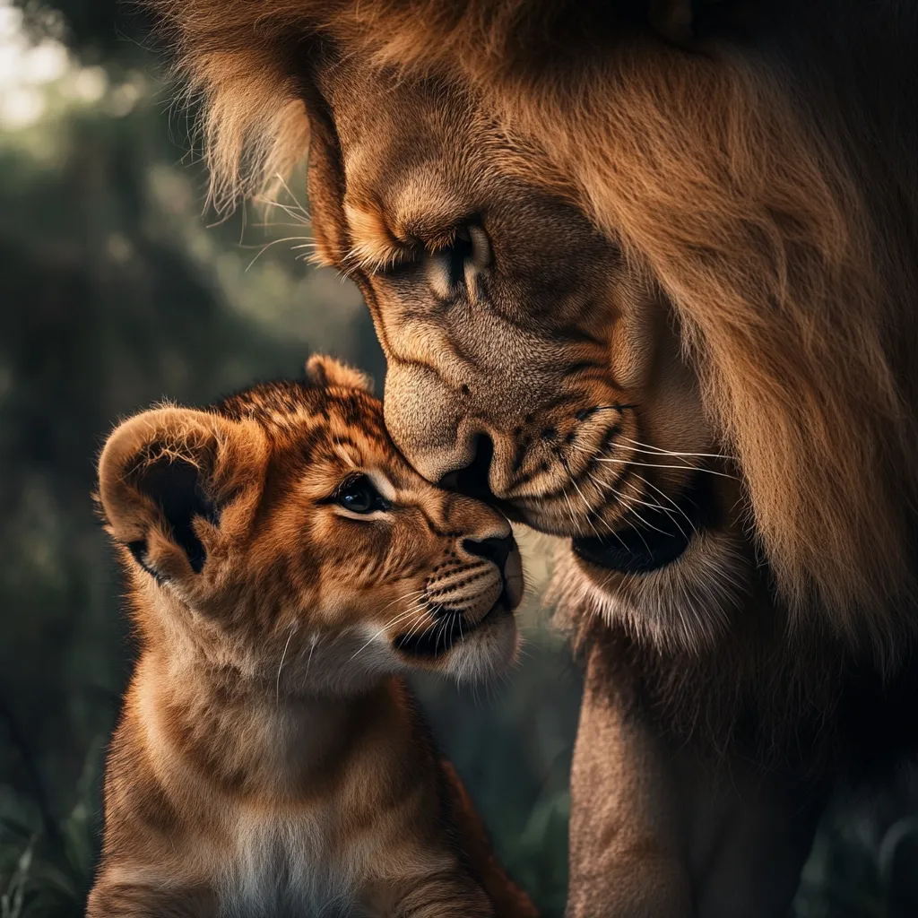 A majestic male lion gently nuzzles his young cub.  The lion's mane is thick and golden, contrasting with the cub's softer, reddish fur.  Their faces are close, conveying a tender moment of paternal affection in a dark, natural setting.  The image evokes themes of family, protection, and the wild.