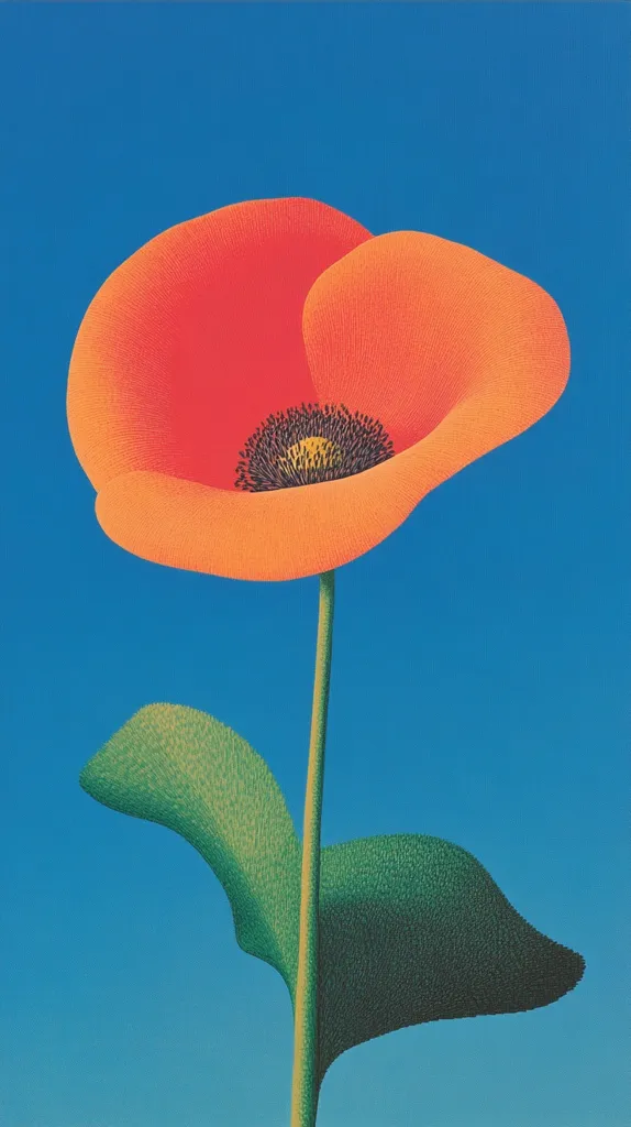 A stylized poppy dominates the image, its vibrant orange petals rendered with meticulous detail against a solid azure sky.  The flower's stem and leaves are depicted with similar textural precision, emphasizing a sense of both organic form and graphic design. The overall aesthetic is one of clean lines and bold color, creating a striking and memorable visual.