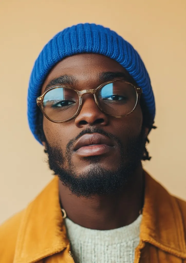 Close-up portrait of a young Black man with a serious expression. He's wearing a blue beanie, round eyeglasses, and a mustard-colored jacket.  His beard is neatly trimmed, and his gaze is direct, engaging the viewer. The background is a muted, neutral beige.  The image has a clean, contemporary feel.