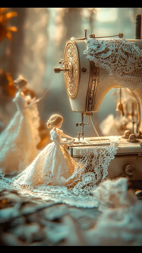 A miniature porcelain doll in a delicate white lace dress sits at an antique sewing machine, operating it with tiny hands.  Another doll, blurred in the background, adds depth to the scene. The setting is soft and dreamy, with muted lighting and a focus on intricate details of lace and the machine's ornate design.  The overall image evokes a sense of whimsical nostalgia and delicate craftsmanship.