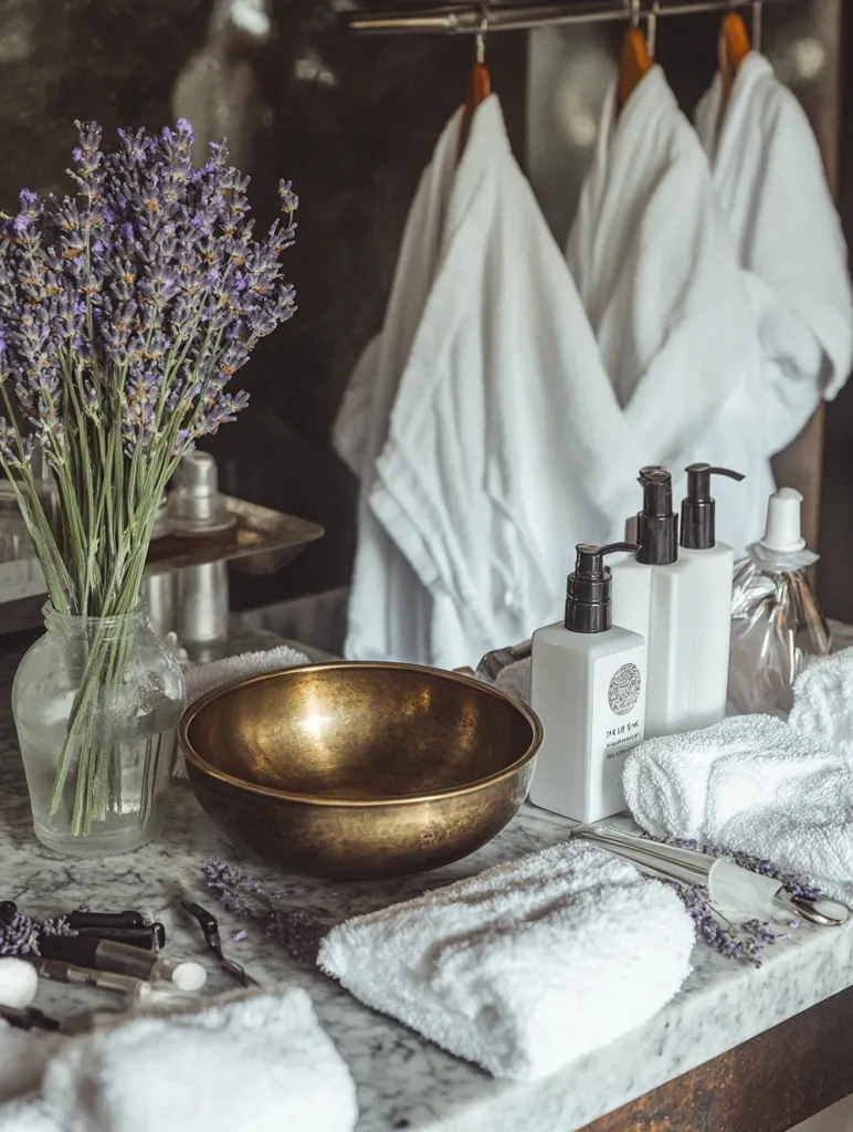 A spa-like setting is depicted, featuring a marble countertop with neatly arranged white towels, a brass bowl, and various toiletries.  Lavender sprigs in a vase add a calming touch.  White bathrobes hang on a rack in the background, suggesting a tranquil and luxurious atmosphere.  The overall aesthetic is minimalist and serene.