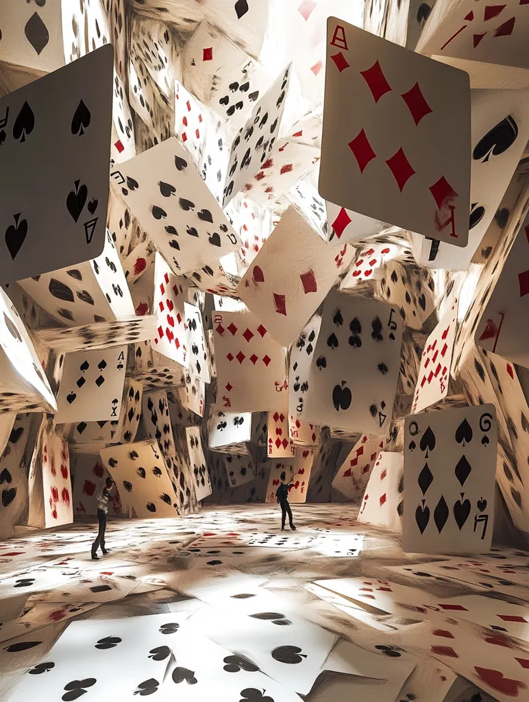 A surreal, enclosed space is filled with countless playing cards, stacked and angled in a chaotic yet balanced manner.  Two small figures stand on the floor of cards, dwarfed by the immense scale of the card-filled environment.  The scene evokes a sense of disorientation and wonder, reminiscent of a dreamscape or Alice in Wonderland. The lighting highlights the texture and detail of the cards, emphasizing their central role in the scene.