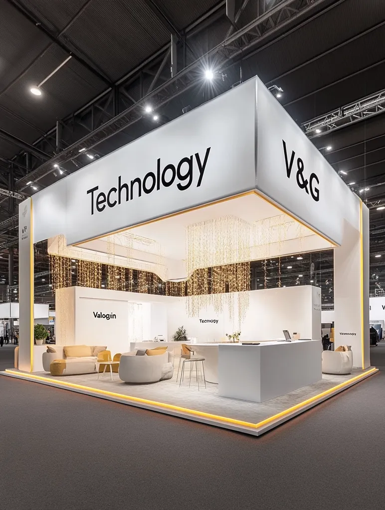 A modern, minimalist trade show booth displays "Technology" prominently.  The white, angular structure features soft seating areas, a central reception desk, and warm, ambient lighting.  "V&G" branding is visible, along with smaller brand names, "Valogin" and "Tecmooy."  The booth's sleek design incorporates subtle lighting accents, creating an inviting and technologically advanced atmosphere.