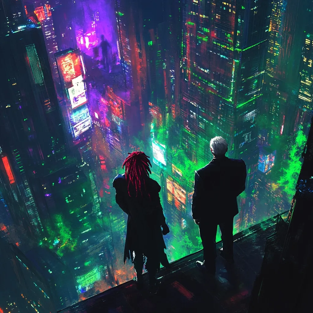 Two figures stand on a rooftop overlooking a vibrant, futuristic cityscape awash in neon green and purple lights.  The city stretches down into a deep chasm, its towering buildings densely packed. One figure has red dreadlocks, the other is clean-cut and wears a suit. A mysterious, shadowy figure is visible far below in the city's depths. The scene is atmospheric and suggestive of a cyberpunk or dystopian setting.