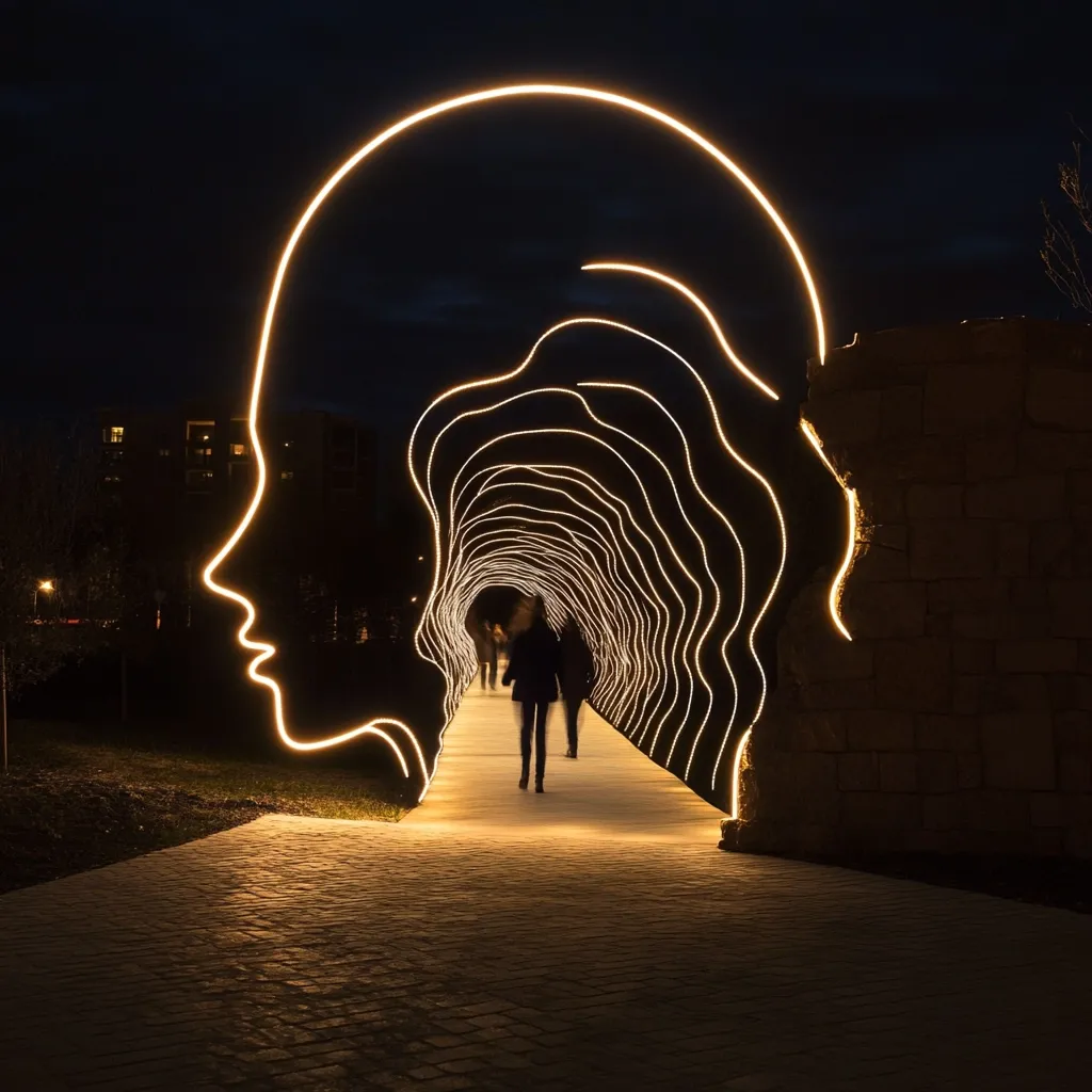 A nighttime view of a walkway illuminated by a stunning light installation.  The artwork features two large, glowing outlines of faces forming an archway, with wavy lines of light creating a tunnel effect within.  Silhouetted figures walk through the luminous passage, creating a captivating and surreal atmosphere. The scene is set against a backdrop of dark trees and a stone wall.