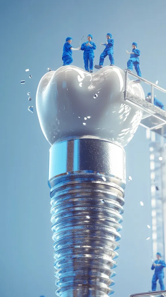 Miniature surgeons in blue scrubs work on a giant tooth implant.  The tooth crown is large and white, atop a gleaming, metallic screw.  The scene is set against a light blue backdrop, with fragments seemingly breaking off from the crown. The image is surreal and emphasizes the precision and scale of dental implant surgery.