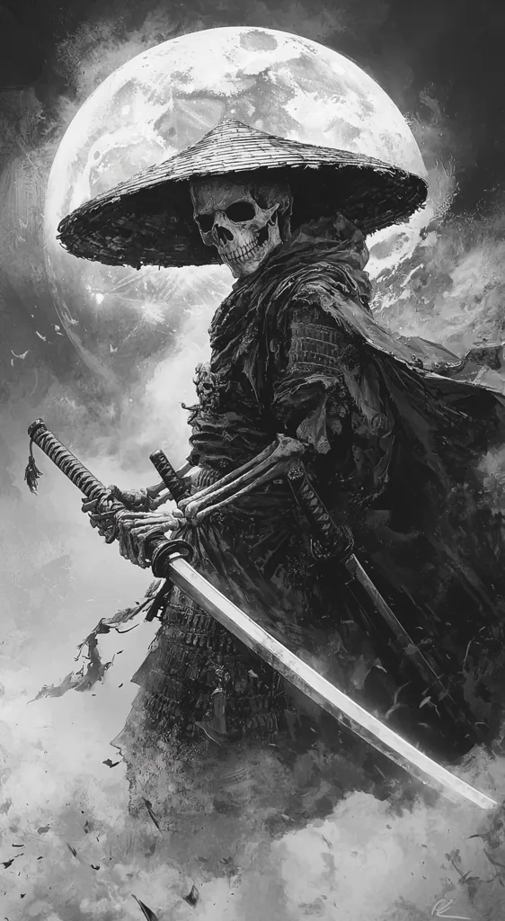 A monochromatic illustration depicts a skeletal samurai, clad in traditional attire and a wide-brimmed hat.  The figure wields a katana, its gleaming blade prominent against the dark background.  A large, full moon hangs in the sky, casting an ethereal glow on the scene, which is filled with swirling smoke or mist, adding to the spectral and dramatic atmosphere. The artwork's style is evocative of Japanese art and mythology.