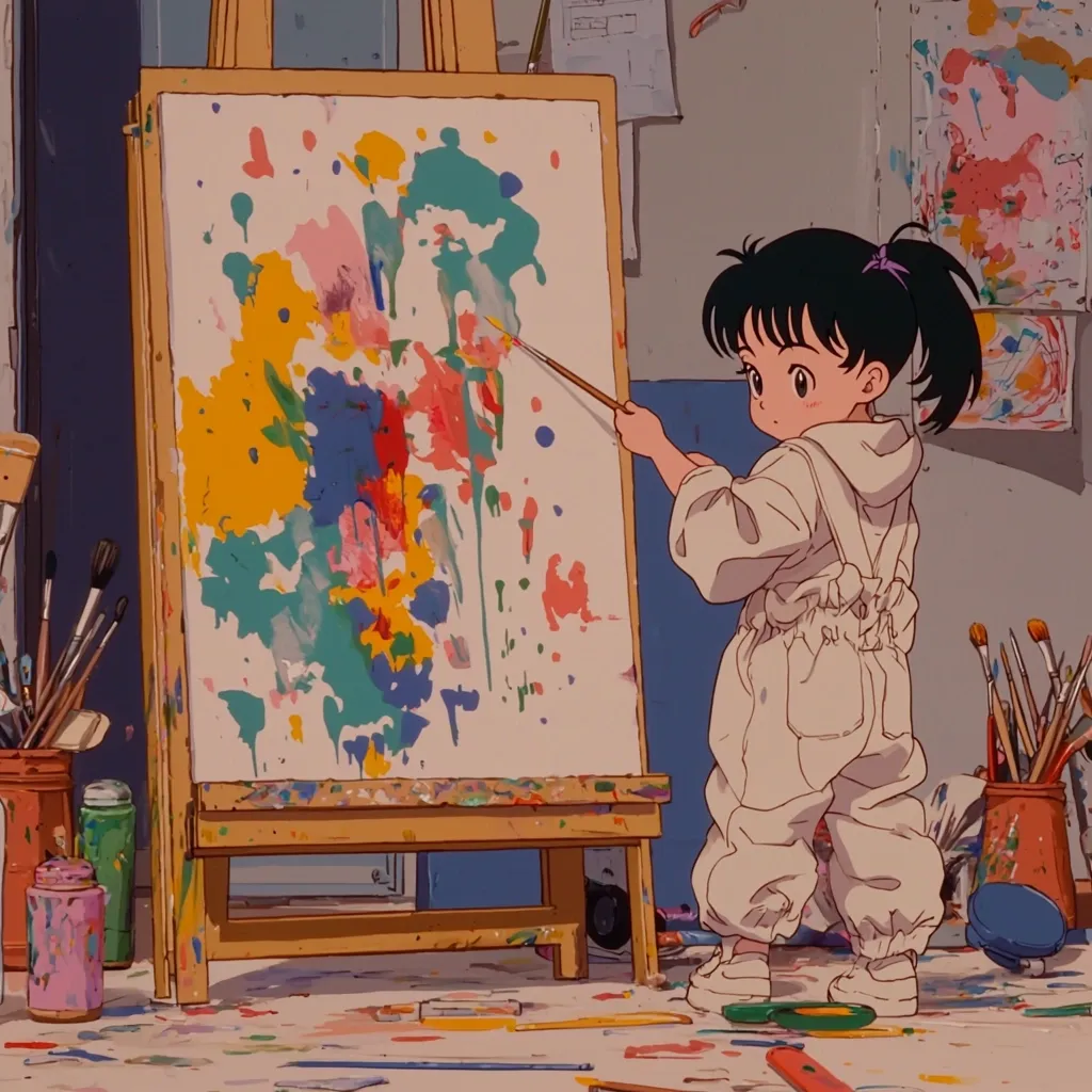 A young girl in a white jumpsuit stands before an easel, painting with vibrant colors.  Her artwork is an abstract explosion of bright hues splashed across the canvas.  Paintbrushes and other art supplies are scattered around the room, adding to the artistic atmosphere. The overall style evokes a nostalgic, anime aesthetic.