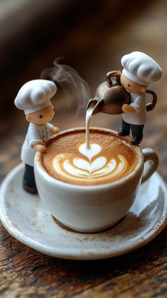 Two miniature chef figurines prepare a latte. One pours cream art into a steaming cup of coffee from a small bronze pitcher, creating a heart-shaped design. The other chef looks on, adding to the whimsical scene.  The latte sits on a rustic, off-white saucer, resting on a dark wooden table. The image evokes warmth and a sense of charming artistry.