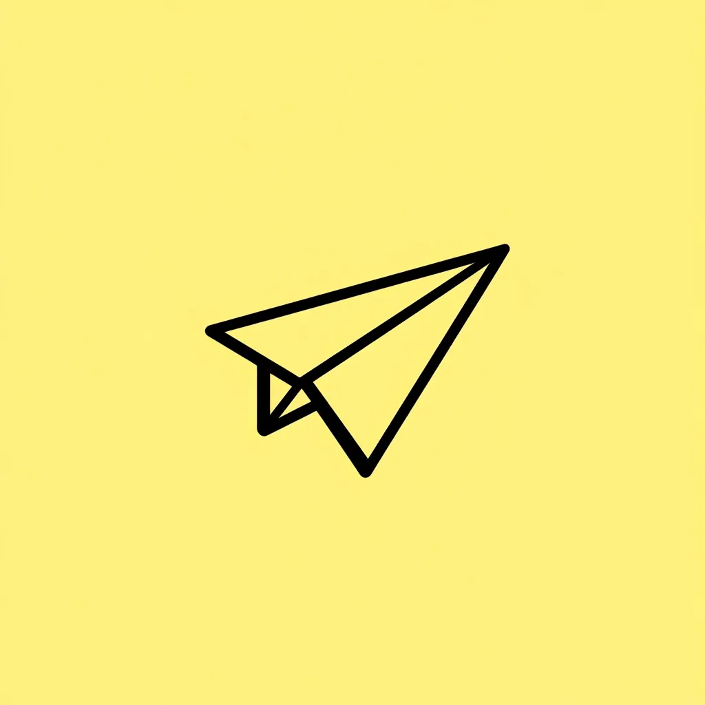 A simple line drawing of a paper airplane is presented against a pale yellow background.  The airplane is depicted in a classic folded design, oriented in flight. The black outline is bold, contrasting sharply with the soft yellow backdrop. The image is minimalist and clean.