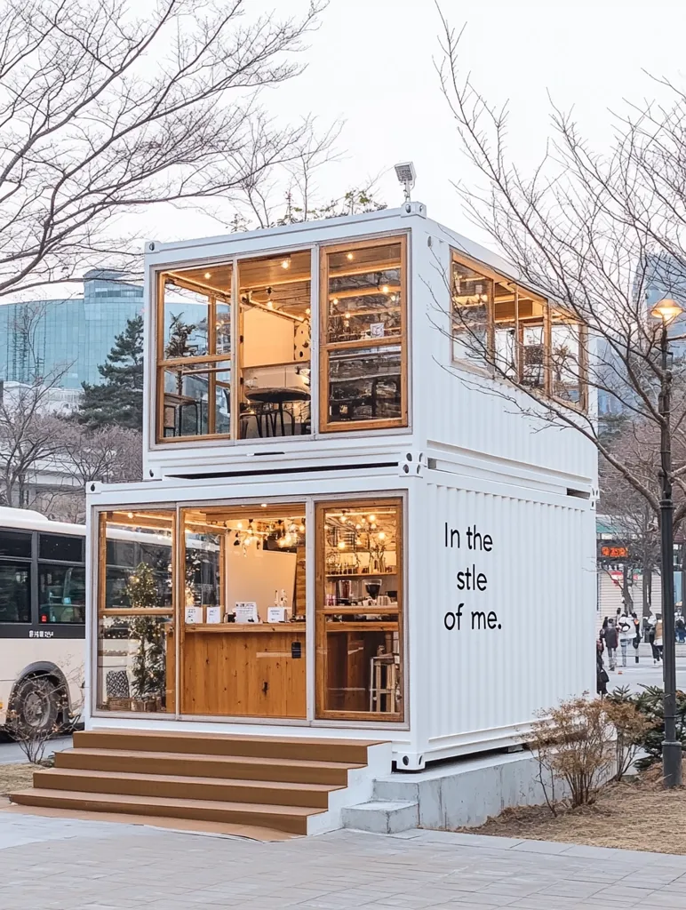 A charming two-story cafe, constructed from stacked shipping containers, boasts a modern design.  Large windows showcase a warm, inviting interior with wooden accents.  The exterior is white, simply adorned with the phrase "In the style of me."  Steps lead up to the entrance, creating an inviting atmosphere.  Bare trees and a city backdrop complete the scene.