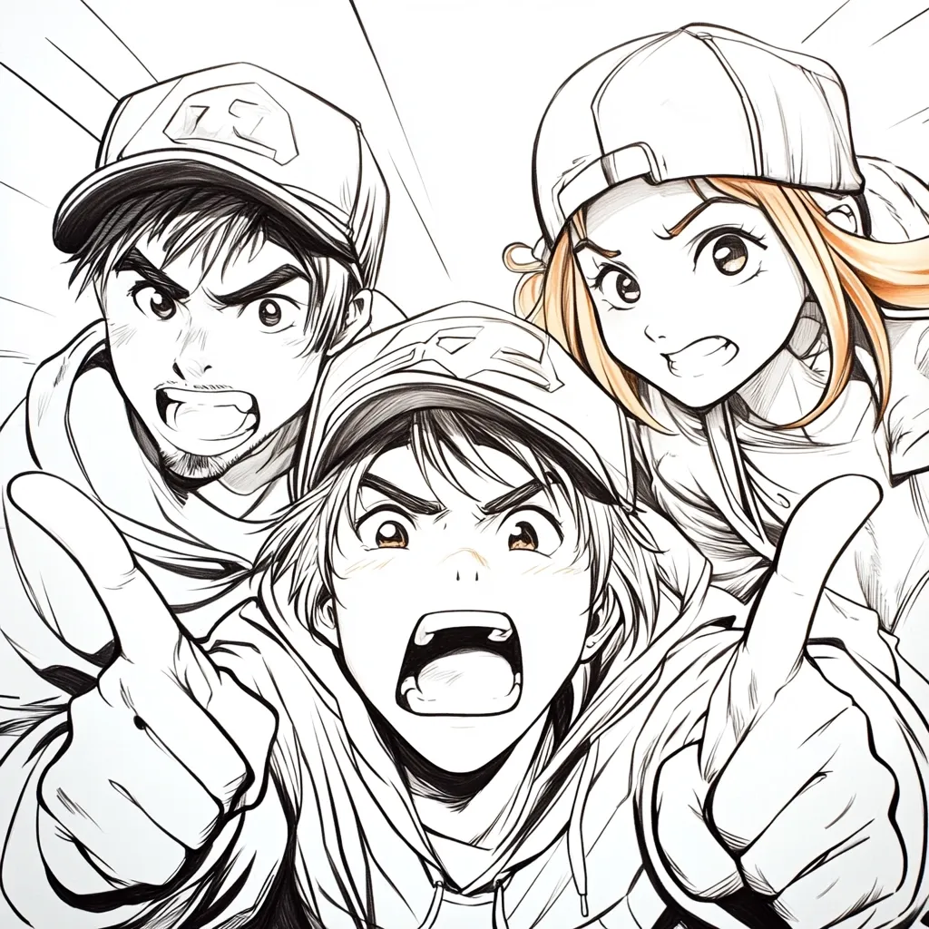 A dynamic illustration showcases three anime-style characters, two males and one female, captured mid-action.  They are all wearing baseball caps and hoodies, their expressions conveying excitement and energy.  The art style is detailed, utilizing bold outlines and shading to enhance the characters' expressions and dynamic poses.  They appear to be pointing towards the viewer, possibly engaging in a shout or cheer. The overall impression is one of youthful exuberance and camaraderie.