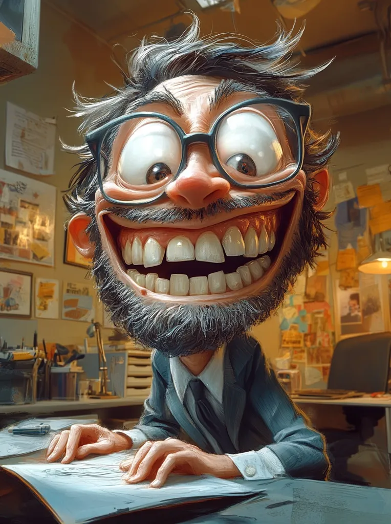 A cartoon illustration of a man with exaggerated features. He has oversized glasses, a wide, toothy grin, and bushy hair.  He's dressed in a suit and sits at a desk, appearing to work on a drawing or blueprint. The setting is a cluttered, artistic workspace, with papers and artwork visible on the walls. The style is playful and expressive, suggesting a creative and possibly mischievous personality.