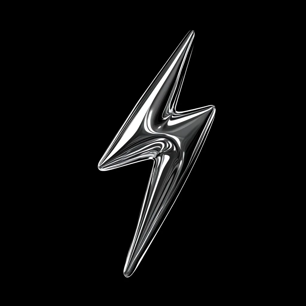 A stylized lightning bolt symbol is depicted against a black background.  The bolt is rendered in a reflective, chrome-like material, giving it a sleek and modern appearance.  The surface appears smooth yet with subtle distortions, suggesting a liquid metal or polished texture. The design is sharp and angular, yet the reflective quality adds a sense of fluidity.