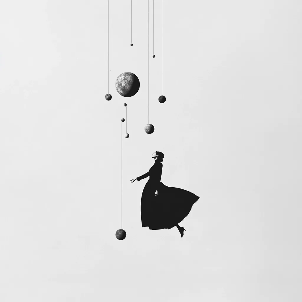 A monochrome image depicts a woman in a black dress, seemingly floating.  She gazes upward at a series of small, dark spheres suspended from strings, resembling a miniature solar system. The minimalist aesthetic creates a surreal and dreamlike atmosphere, suggesting a sense of wonder and the vastness of space. The woman's silhouette contrasts sharply with the light background.