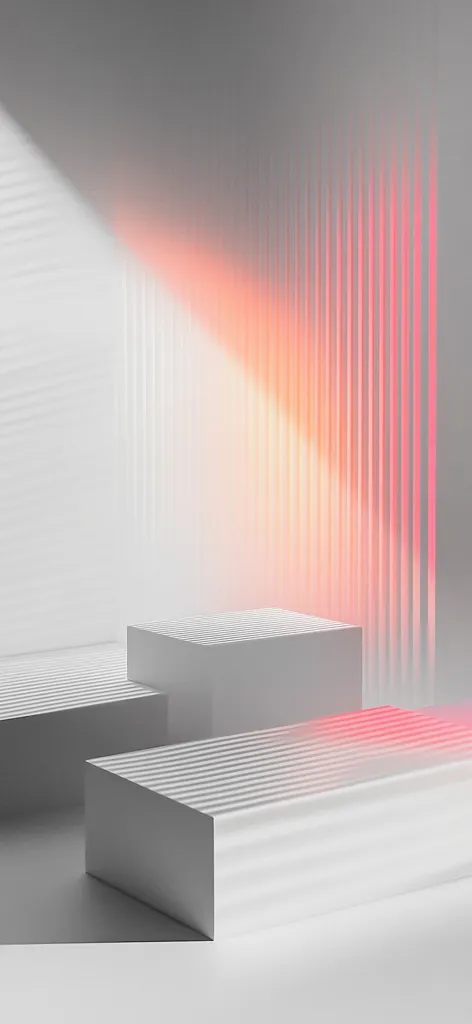 A minimalist scene features three light gray, textured rectangular platforms arranged asymmetrically.  A wall of vertical lines, illuminated with a warm, reddish-orange light, forms a backdrop.  A bright light source casts a dramatic shadow, emphasizing the platforms' three-dimensional form and the textured surface. The overall aesthetic is clean, modern, and subtly suggestive of a product display or abstract art.