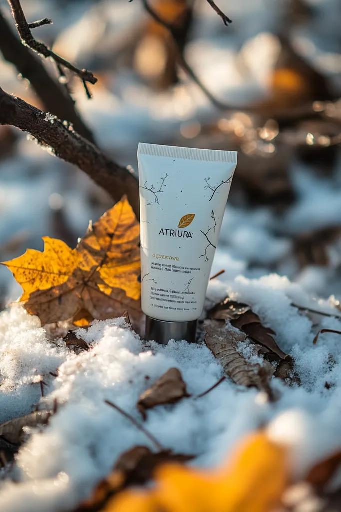 A tube of Atriura Regenerative cream rests in a snowy, autumnal setting.  Fallen leaves surround the product, which is nestled amongst twigs and snow. The cream's packaging features a minimalist design with natural elements. The scene evokes a feeling of tranquility and natural beauty.