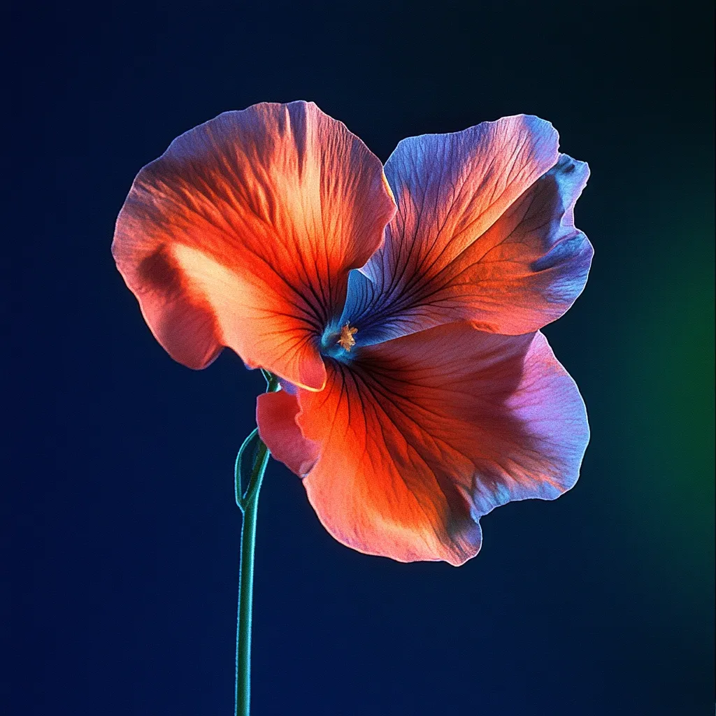 A vibrant pansy, predominantly orange-red, is captured against a deep blue backdrop.  The flower's petals exhibit delicate veining and subtle color variations, with hints of purple and blue.  The stem is slender and green, leading the eye to the bloom's central, slightly darker heart.  The lighting dramatically highlights the flower's texture and form.