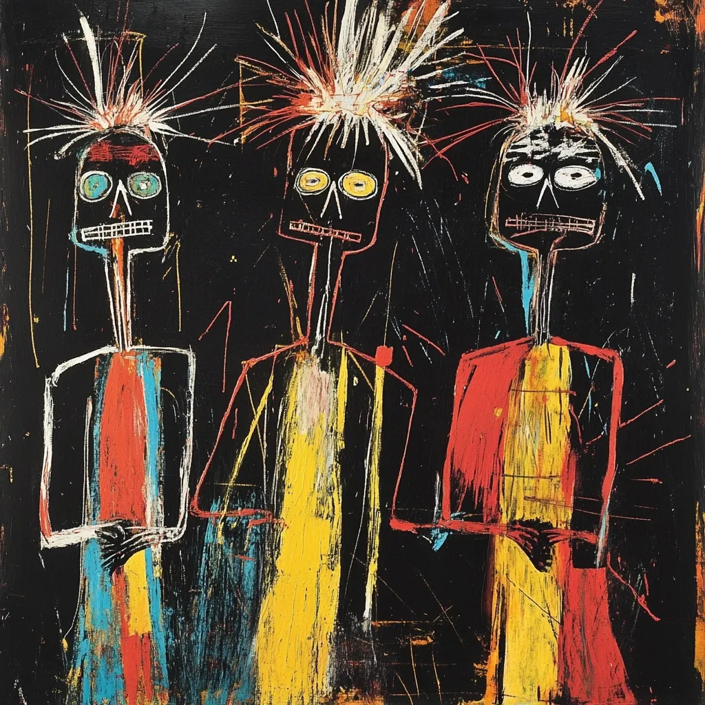 Three stylized figures stand against a black background, their forms defined by bold, expressive brushstrokes.  Each figure has spiky, flame-like hair and skull-like faces, painted in vibrant colors including red, yellow, and blue. The artwork features a raw, energetic style, indicative of Neo-expressionism, with visible brush marks and a sense of urgency in the application of paint. The overall effect is one of raw emotion and primal energy.
