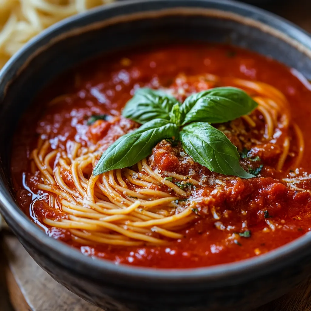 A rustic bowl brimming with spaghetti in a vibrant tomato sauce.  Fresh basil leaves garnish the top, sprinkled with grated parmesan cheese. The rich, red sauce and golden pasta create a visually appealing and appetizing image of a classic Italian dish.  The depth of color and texture suggests a flavorful and comforting meal.