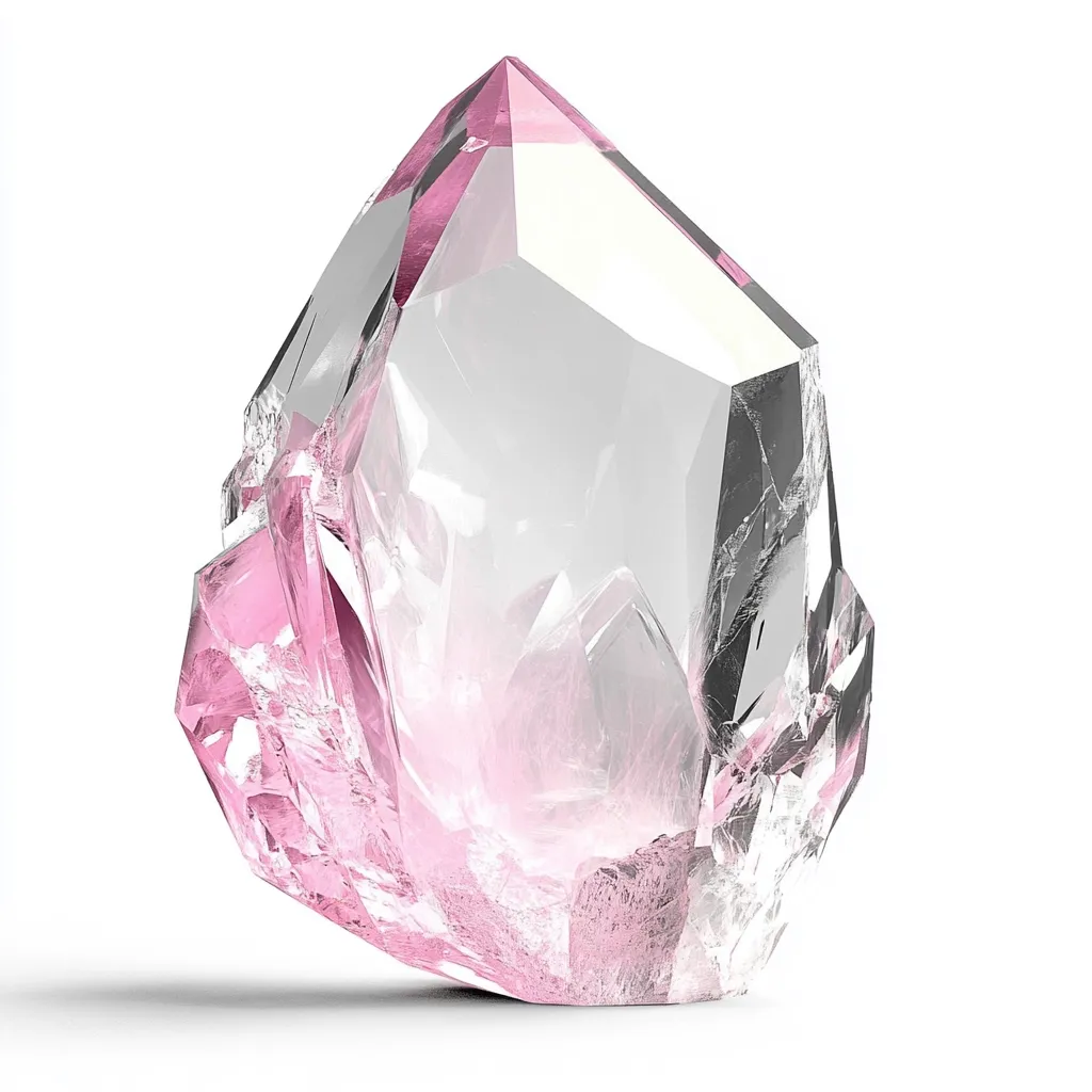 A large, translucent crystal dominates the image, its facets catching the light.  The crystal is predominantly clear, with a soft pink hue concentrated at its base and edges, creating a gradient effect.  Its irregular shape suggests a naturally formed specimen, though highly polished and faceted. The crystal casts a subtle shadow on a white background, enhancing its three-dimensional form.