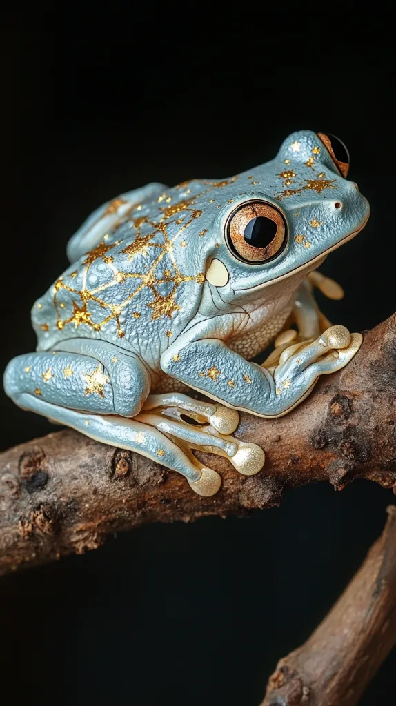 A stunning close-up reveals a tree frog, its skin a captivating blend of light blue and gold speckles.  The frog's large, expressive eyes are a rich amber, contrasting beautifully with its unique coloring.  It perches gracefully on a dark brown branch, creating a striking visual against the black background.  The image highlights the intricate details of the frog's skin and the delicate texture of the branch.