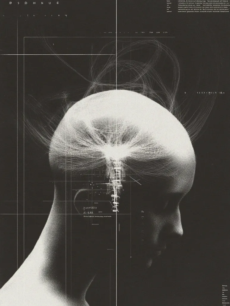 A monochromatic, stylized artwork depicts a person's head and neck, overlaid with intricate, glowing white lines suggesting neural pathways or data streams emanating from the brain.  The background features a grid-like structure and technical text, creating a futuristic, possibly technological or scientific, aesthetic. The overall mood is dark, mysterious, and thought-provoking.