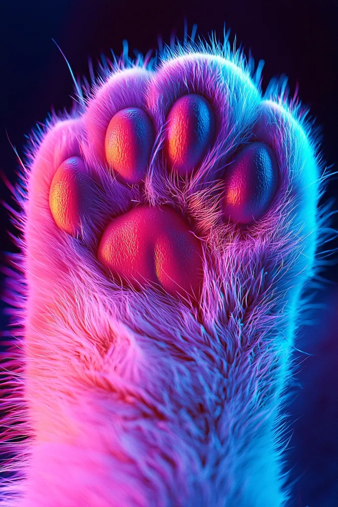 A close-up shot reveals a cat's paw, bathed in vibrant pink and blue neon light.  The fur is soft and fluffy, contrasting with the smooth, detailed pads of the paw. The image is striking in its color and texture, highlighting the intricate details of the feline anatomy.  The dark background emphasizes the luminescence of the paw.