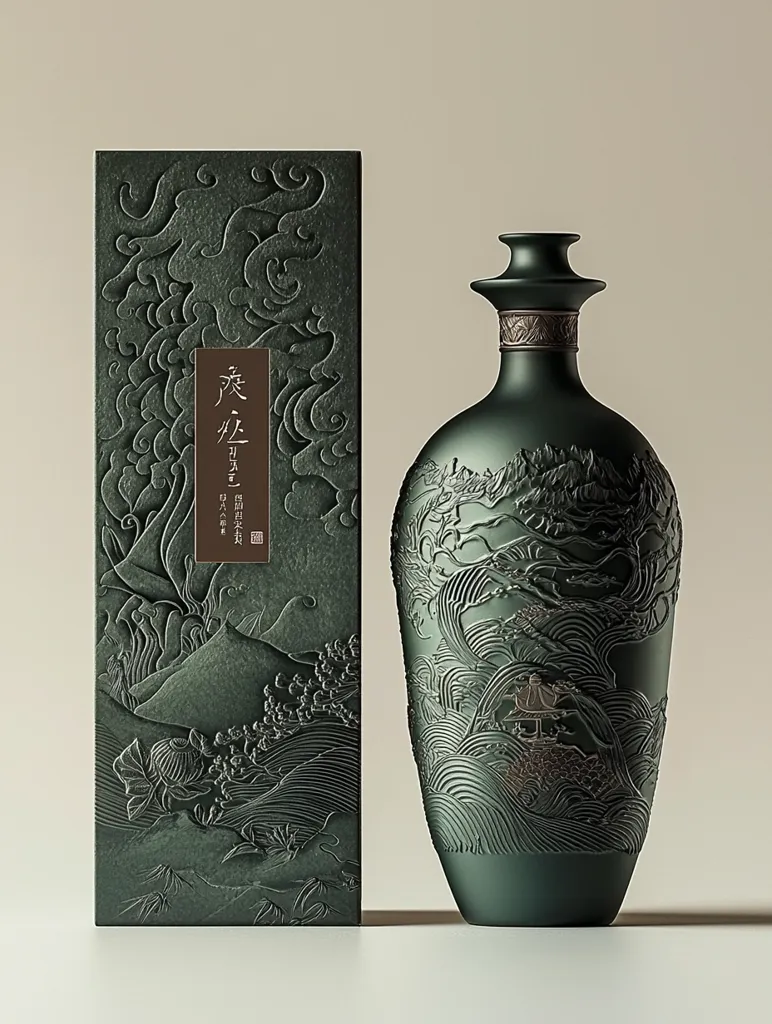 An elegant dark green decanter, intricately embossed with a landscape scene of mountains and waves, sits beside its matching box.  The box features the same embossed design, adding to the luxurious presentation.  Both the bottle and box showcase a refined, artistic style, suggesting a high-end spirit or liqueur.  The muted color palette and detailed relief work create a sophisticated and calming aesthetic.