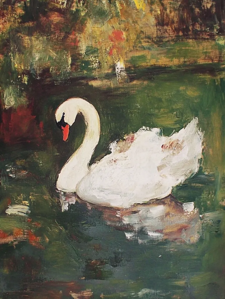 An impressionistic painting depicts a lone white swan gracefully floating on a dark green pond. The swan's elegant form is rendered with visible brushstrokes, contrasting with the blurred, richly colored background suggesting foliage.  The artist uses a palette of greens, browns, and hints of red and yellow to create a serene yet evocative scene. The water reflects the swan, adding depth to the composition.