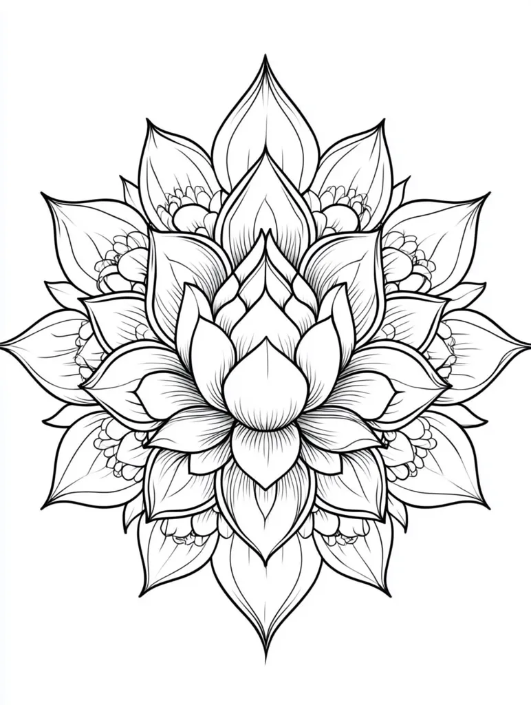 A detailed line drawing of a lotus flower. The central lotus is surrounded by smaller, intricately detailed petals, creating a mandala-like design.  The style is ornate and symmetrical, with delicate lines emphasizing the texture and form of each petal. The image is in black and white, suitable for coloring or as a decorative element.