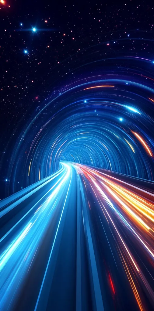 A digital art piece depicts a futuristic highway tunnel through space.  Bright blue and orange light streaks radiate from the vanishing point, creating a sense of immense speed.  The tunnel curves gently, and the starry backdrop enhances the otherworldly atmosphere.  The overall effect is dynamic and suggestive of interstellar travel.