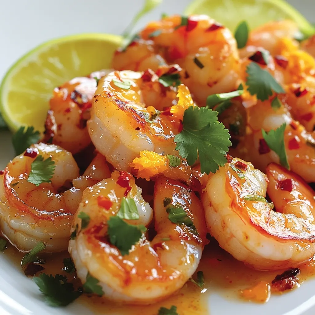 A close-up shot showcases a plate of succulent shrimp, glistening with a vibrant orange glaze.  The shrimp are artfully arranged, garnished with fresh cilantro and lime wedges.  Red pepper flakes add a hint of spice, while the overall presentation suggests a delicious and flavorful dish.  The image highlights the texture and appetizing colors of the shrimp and sauce.