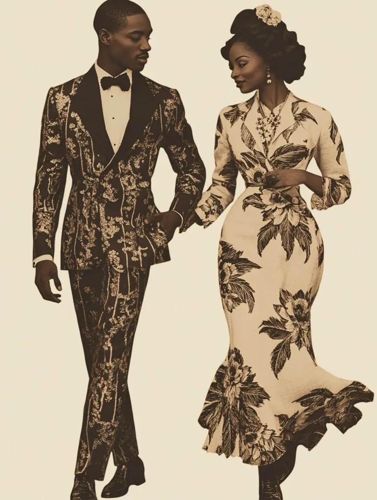 A stylishly dressed Black couple strolls, hand-in-hand.  The man wears a dark double-breasted suit adorned with a gold floral pattern, complemented by a black bow tie. His companion is elegantly attired in a beige, floral print dress with a fitted bodice and a flared skirt, styled with a sophisticated updo and jewelry.  The sepia-toned image evokes a classic, sophisticated elegance.