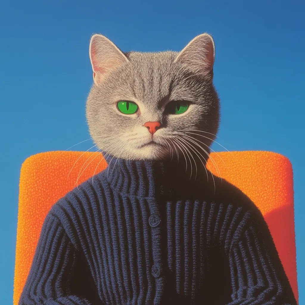 A gray cat with vibrant green eyes sits serenely in an orange chair, wearing a dark blue, ribbed cardigan.  The cat's expression is serious and composed, creating a whimsical yet sophisticated image.  The contrasting colors of the chair, sweater, and cat's fur enhance the overall aesthetic. The background is a clear, bright blue sky.