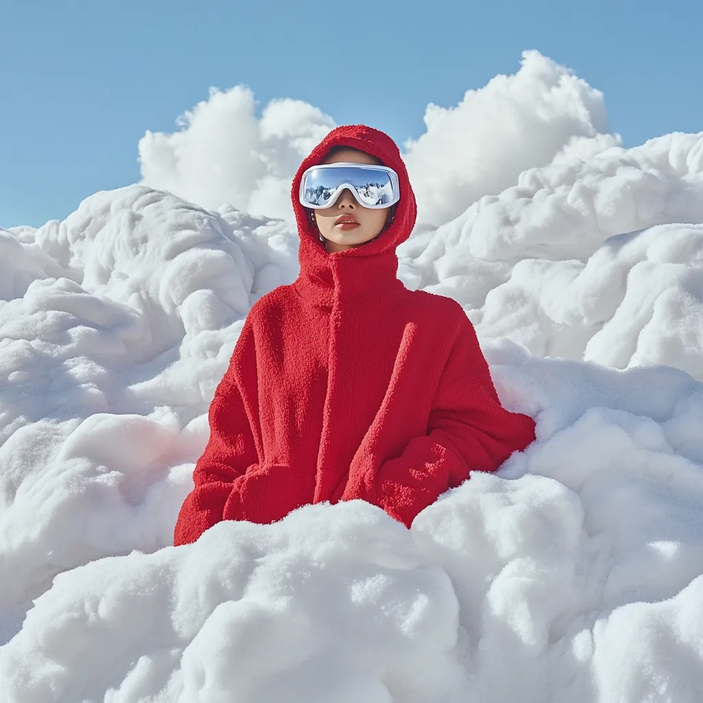 A person in a red hooded jacket and white ski goggles sits nestled in a pile of fluffy white snow.  The bright blue sky is visible above.  The scene is bright and contrasts the red of the clothing against the white of the snow. The overall mood is serene and wintery.