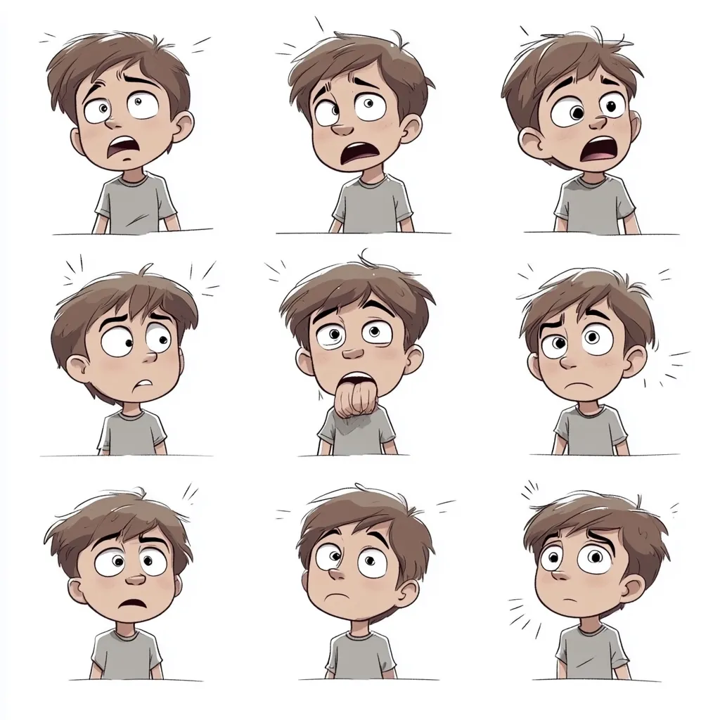 Nine illustrations depict a cartoon boy displaying various expressions.  He exhibits surprise, fear, worry, and apprehension, with slight variations in each portrayal. His facial features and posture subtly change to convey different emotional states, creating a range of nuanced reactions.  The style is simplistic and childlike.