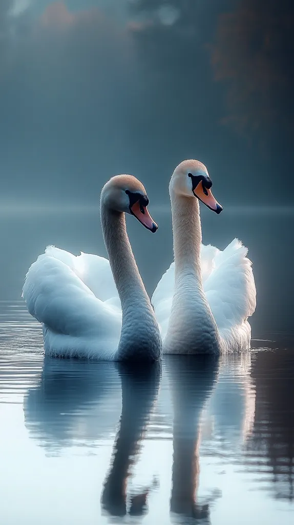 Two graceful white swans glide serenely on a calm, misty lake. Their elegant necks curve gently, creating a heart-like shape as they peacefully share the water.  The soft, muted tones of the background enhance their pristine beauty, and their reflections mirror their tranquil presence.  A perfect picture of serenity and companionship.