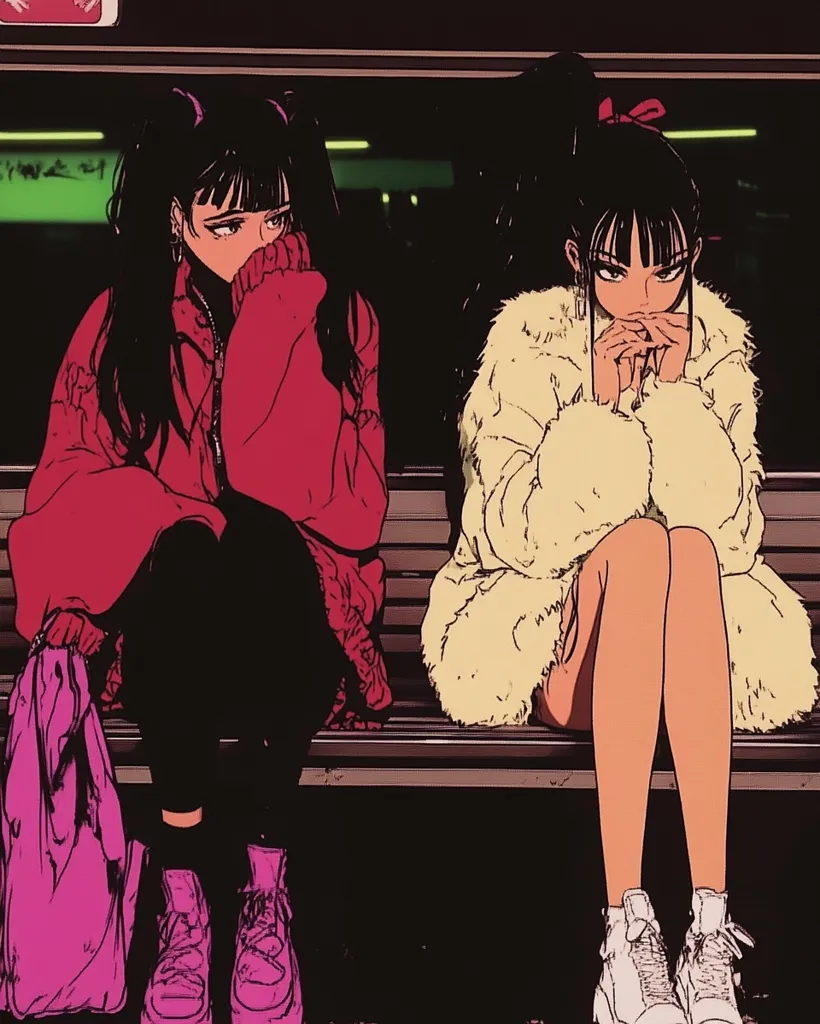 Two anime-style girls sit on a bench at a nighttime transit station.  One wears a red sweater and pink shoes, her head bowed. The other, in a fluffy yellow coat and white sneakers, sits with her hands clasped to her face. Both have dark hair styled differently, creating a contrast in their appearance and mood. The scene has a vintage aesthetic with dark tones and bold lines.