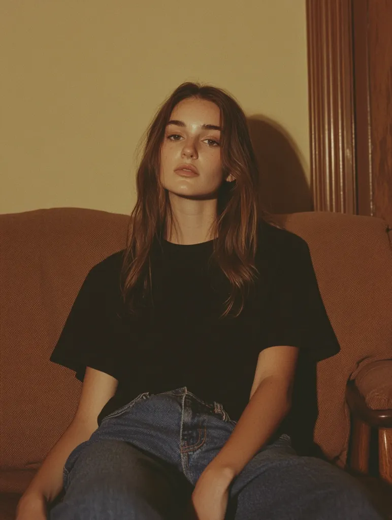 A young woman with shoulder-length brown hair sits on a brown couch. She's wearing a black t-shirt and blue jeans.  The warm lighting casts shadows on her face and the couch, creating a moody atmosphere. Her expression is serious and contemplative. The overall style is reminiscent of vintage or film photography.
