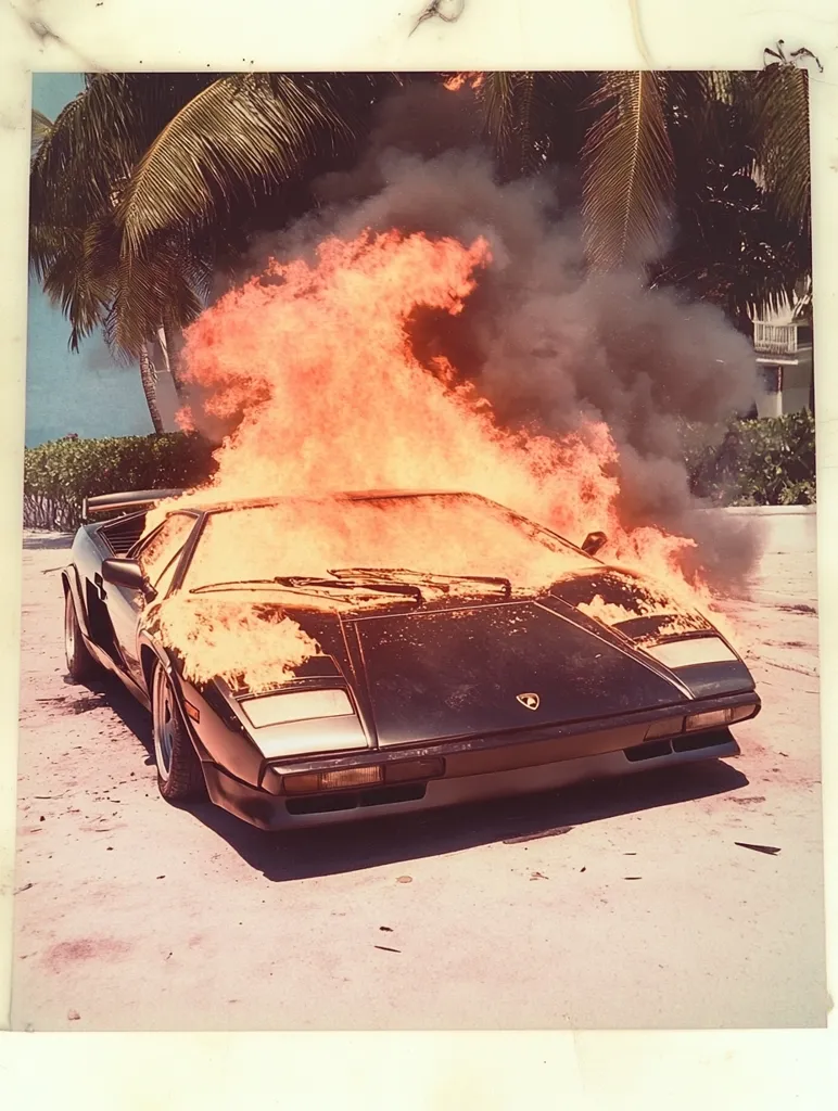 A vintage photograph depicts a Lamborghini Countach engulfed in flames.  The car is parked on a light-colored surface, possibly sand, with palm trees and a building visible in the background.  The fire is intense, with large orange and yellow flames billowing from the car's body.  The overall scene suggests an accident or deliberate destruction of the vehicle. The image has a slightly faded, nostalgic quality.